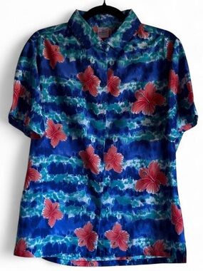 Hawaiian Hibiscus Floral Botton Up Shirt MEDIUM Blue & Red by La LeeLa Miami FL